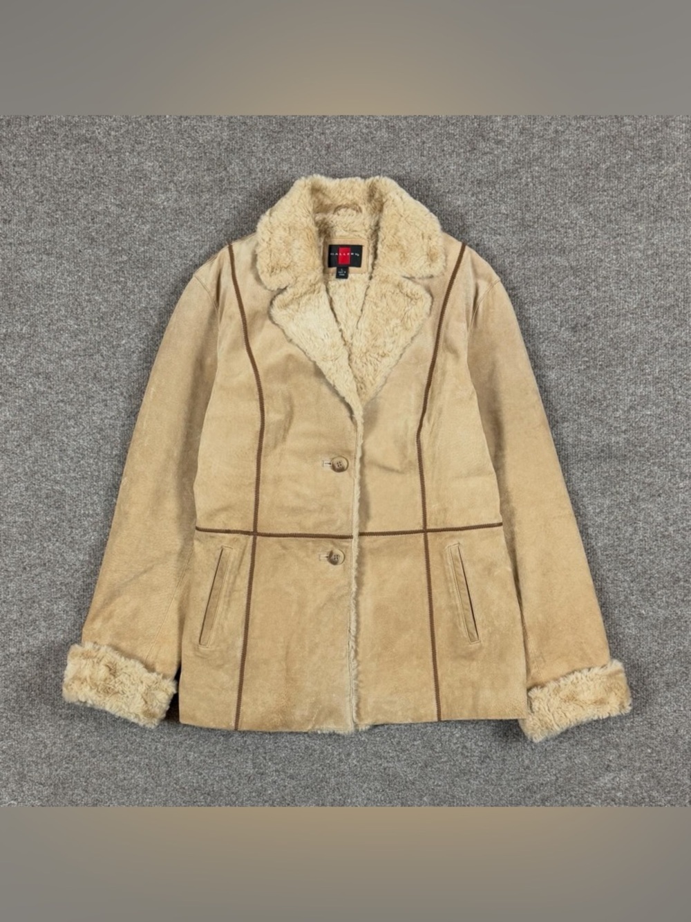 Gallery Suede Leather Button Front Jacket Womens L Faux Fur Trim Penny Lane Coat - Picture 2 of 9